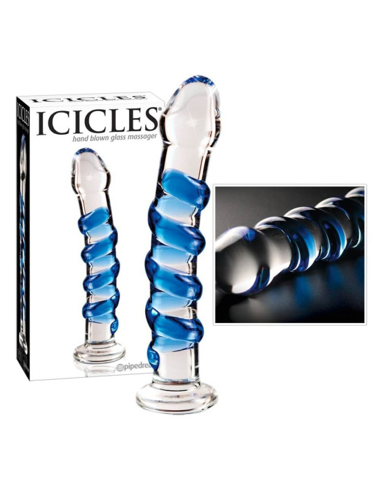 Icicles No. 5 - spirális üveg dildó (áttetsző-kék)