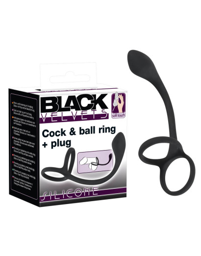 Black Velvet - vékony análdildó pénisz- és heregyűrűvel (fekete)