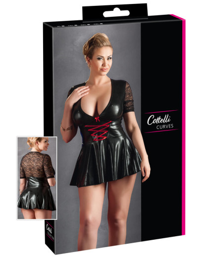 Cottelli Plus Size - fényes ruha piros fűzővel (fekete)