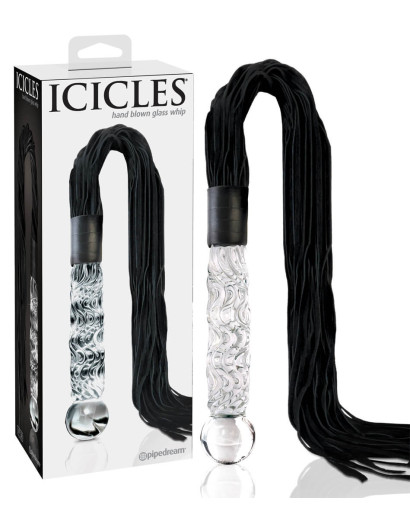 Icicles No. 38 - bőr korbácsos, hullámos üveg dildó (áttetsző-fekete)