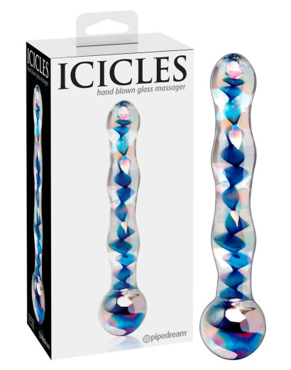 Icicles No. 08 - hullámos, kétvégű, üveg dildó (áttetsző-kék)