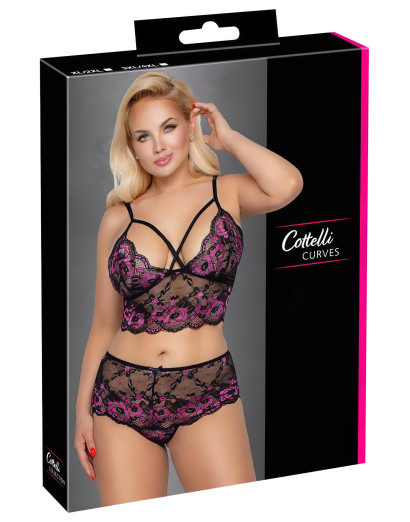 Cottelli Plus Size - virágos melltartó szett (fekete-lila)