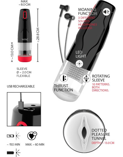 WYNE 05 - akkus, forgó maszturbátor (fekete-fehér)