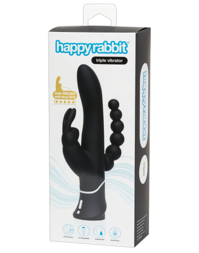 Happyrabbit Triple - akkus csikló-és análkaros vibrátor (fekete)