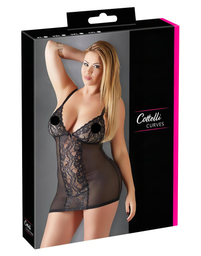 Cottelli Plus Size - csipkebetétes áttetsző negiligé (fekete)