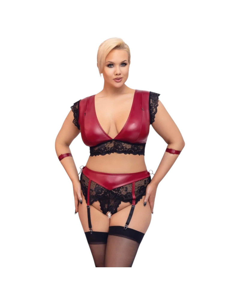 Cottelli Bondage Plus Size - csipkés melltartó szett (piros-fekete)