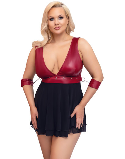 Cottelli Bondage Plus Size - mélyen dekoltált babydoll (piros-fekete)