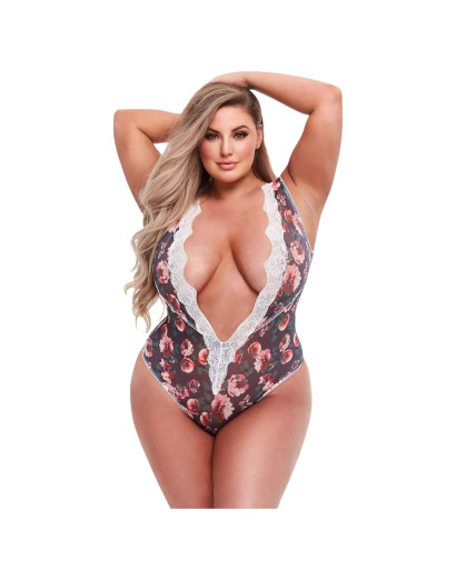 Baci Plus Size - virágos, csipkés body