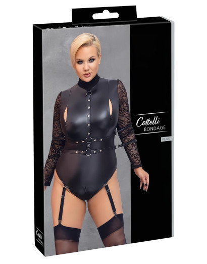 Cottelli Bondage Plus Size - csipkésujjú body (fekete)