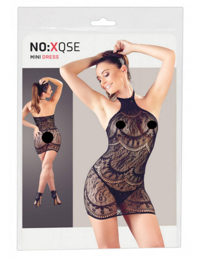 NO:XQSE - absztrakt mintás, ujjatlan necc ruha tangával - fekete (S-L)