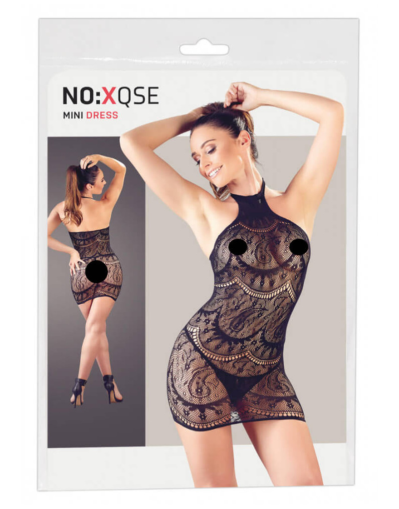 NO:XQSE - absztrakt mintás, ujjatlan necc ruha tangával - fekete (S-L)